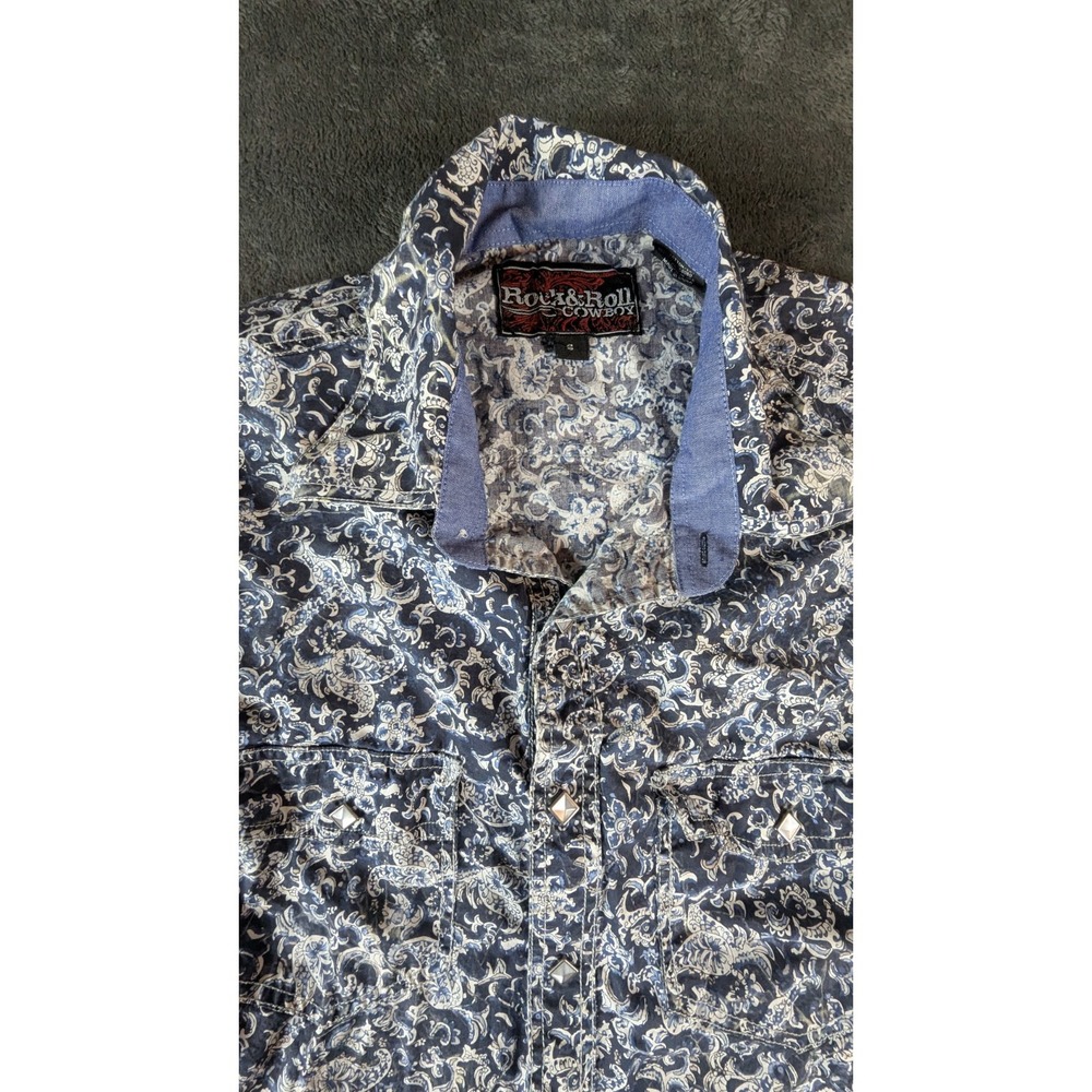 Rock-N-Roll Cowboy Mens Western Pearl Snap Large Blue Paisley‎  2 Pocket - Picture 4 of 10